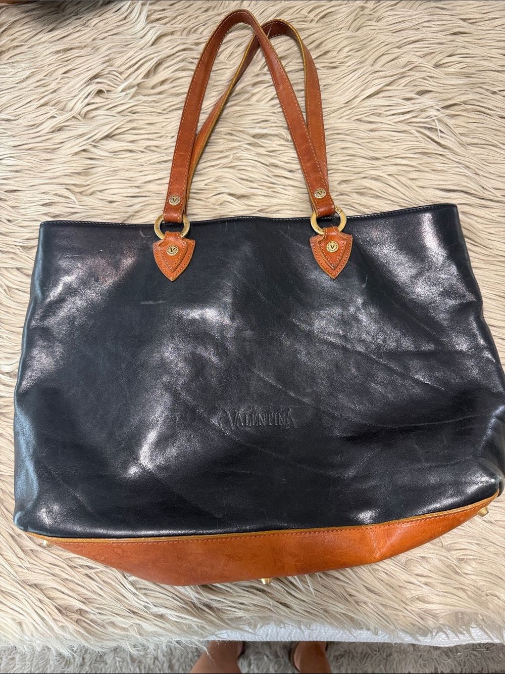 Valentina Black Tote with Brown Trim and Handles